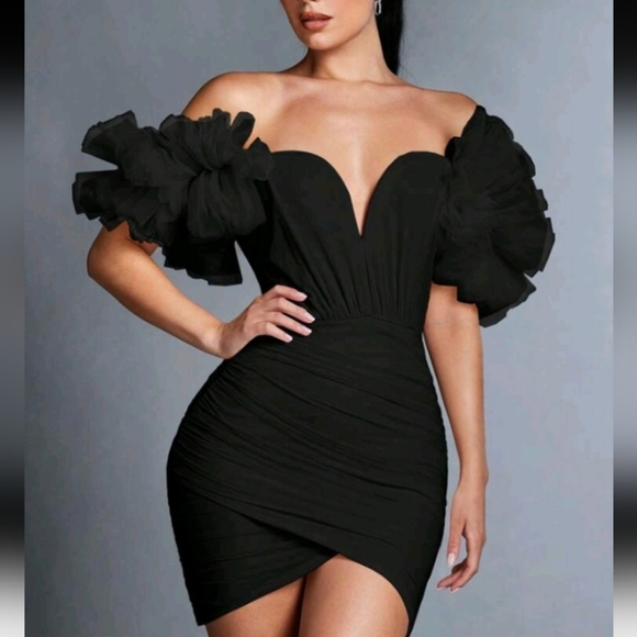 Women's Solid Color Off Shoulder Mesh Ruffle Trim Wrap Dress - Picture 1 of 4